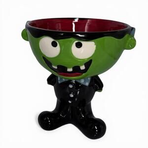 Frankenstein Halloween Candy Bowl Ceramic Monster Pedestal Dish 6 in